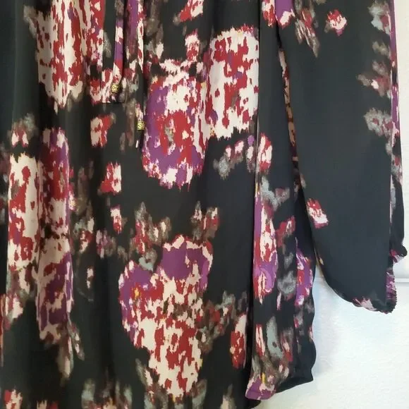 Daniel Rainn Top Long Sleeves Neckline‎ Tie Accent Chiffon Black Abstract Sz L - Picture 4 of 13